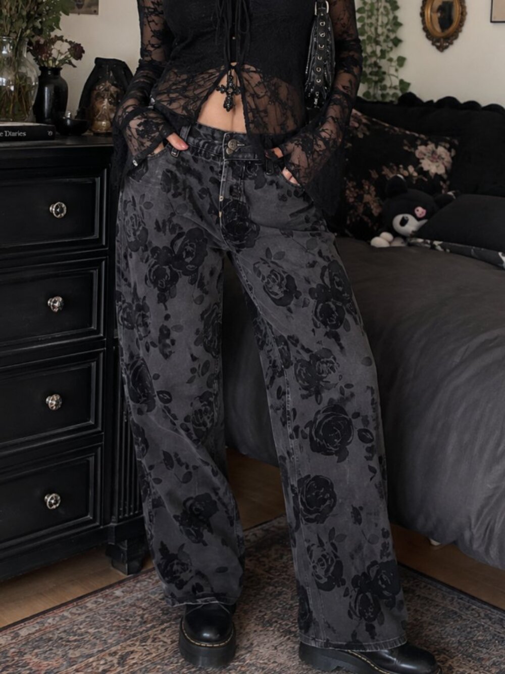 High Rise Straight Jeans Black Velvet Rose Floral Goth Grunge Indie Dark Boho 17